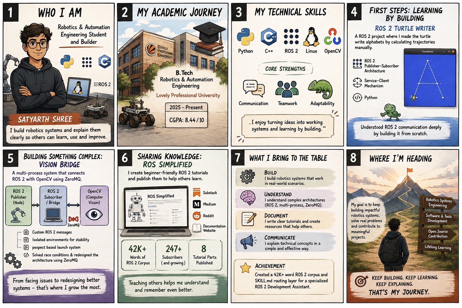 An eight-panel comic strip introducing the presenter's academic background, skills, project, achievements, strengths, and career goal.
